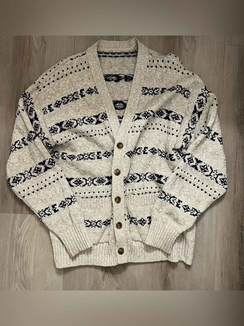 Men's Cream Knit Button-Up Cardigan Sweater with Navy Pattern